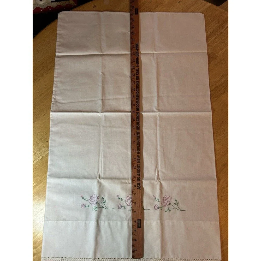 Vintage Pink Rose Embroidered Pillowcases Pair Crochet Lace Percale Cottage Set